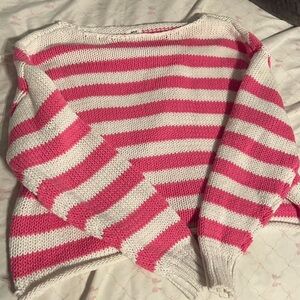 Aerie Pink and White Striped Crew Neck Sweater